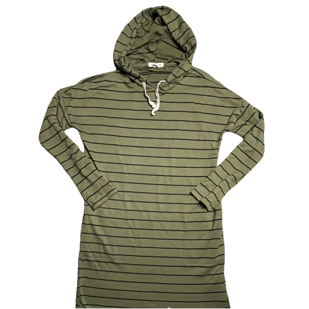 Billabong So Easy Mini Dress Size Small Green Black Stripe Hood Long Sleeve